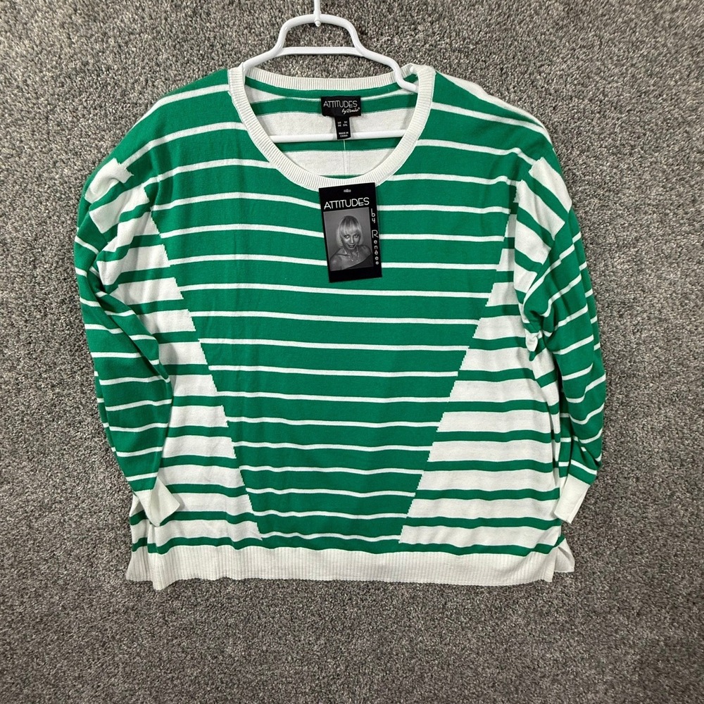 Attitudes by Renee Green White Striped Knit Sweater Crew Neck Plus Size 3X NEW